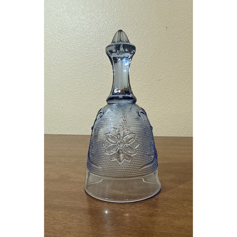 Tiara Glass Sandwich Bell Blue Decorative Floral Design Indiana Glass - 6”